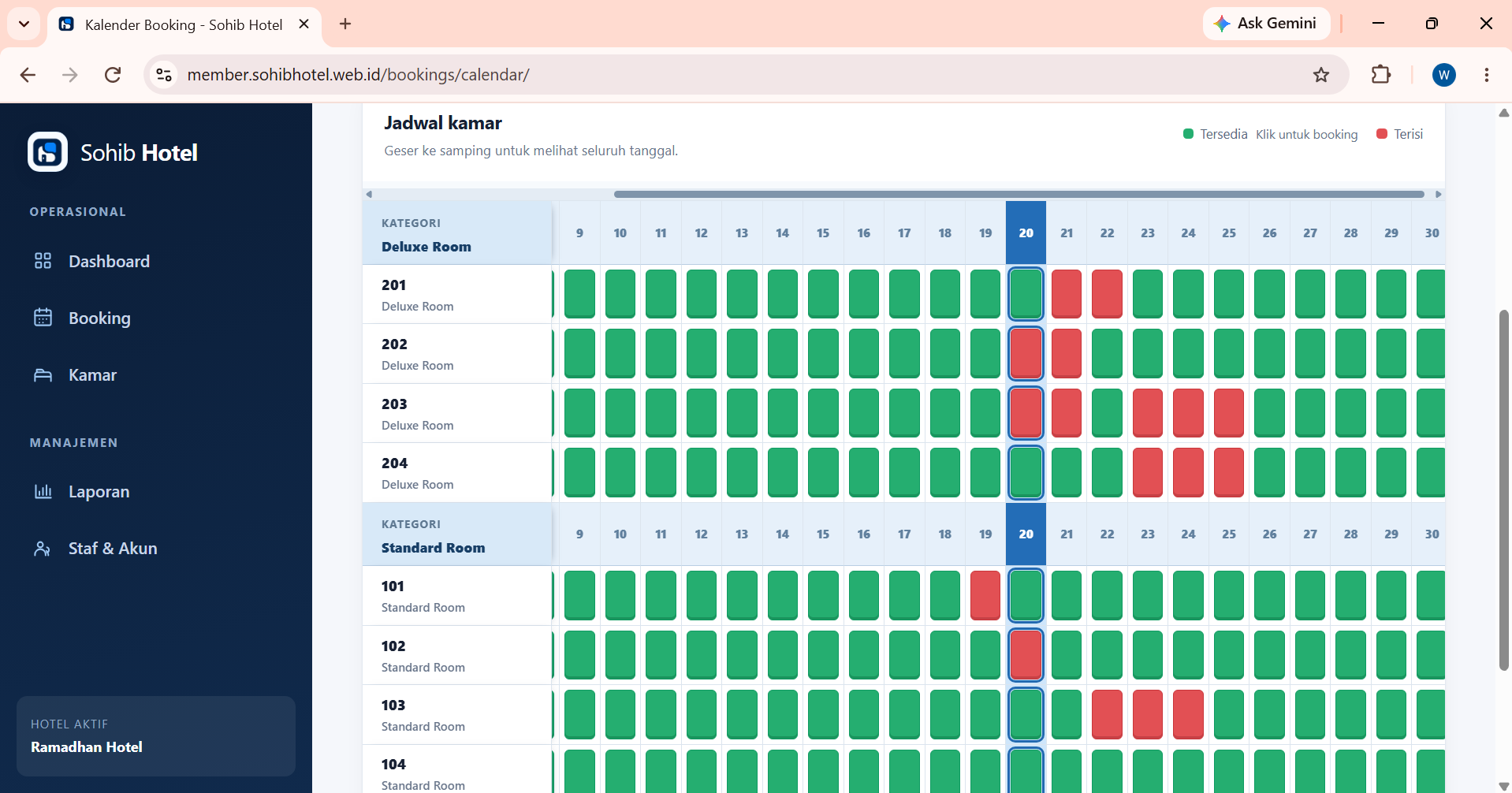 Kalender booking dengan baris kamar dan kolom tanggal, menunjukkan ketersediaan kamar.